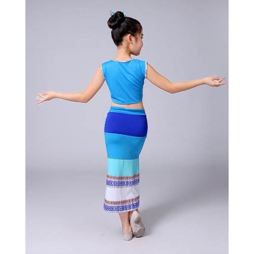 Striped girls belly dance costumes kids children turquoise stage performance competition peacock folk dance costumes dresses